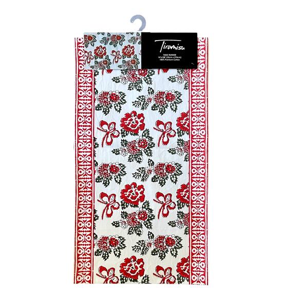 Tiramisu Block Print Cotton Table Runner 14x108 Pink & Red Floral Butterfly NEW - Picture 7 of 12